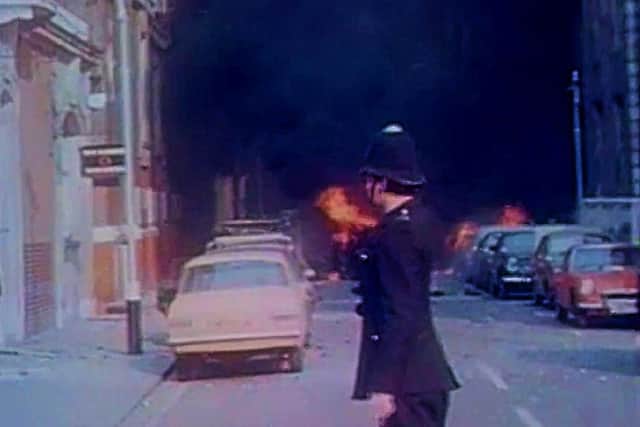 A policeman faces a wall of smoke engulfing the streets around Scotland Yard after an IRA bomb blast, March 8, 1973 (clip culled from BBC documentary)