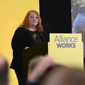 Alliance Party leader Naomi Long speaking during her party's annual conference at the Stormont Hotel in Belfast