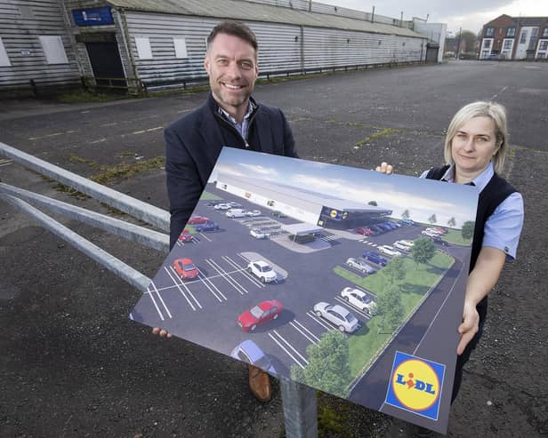 Lidl Northern Ireland has confirmed plans to build a new, state-of-the-art supermarket in Cookstown as part of a £8 million planned investment, creating 18 additional jobs and expanding its existing retail team to 40 employees. Around 200 jobs will be supported during the construction and development phases ahead of its opening next year. Pictured are Keith Lamont, senior acquisitions manager Lidl and Ela Wnek, Lidl Cookstown deputy store manager