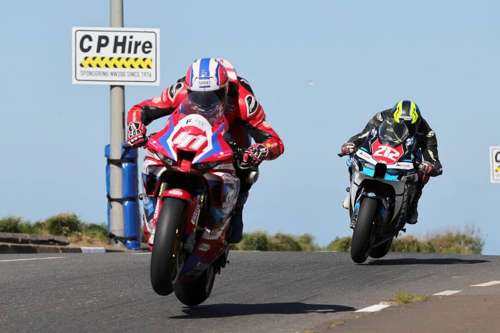 Aaron Spence (Sebden Steel/Spence Engineering Honda) leads Dean McMaster (AIR NI Kawasaki) in the Superstock race at the North West 200. (Photo by Alan Weir/Pacemaker Press)