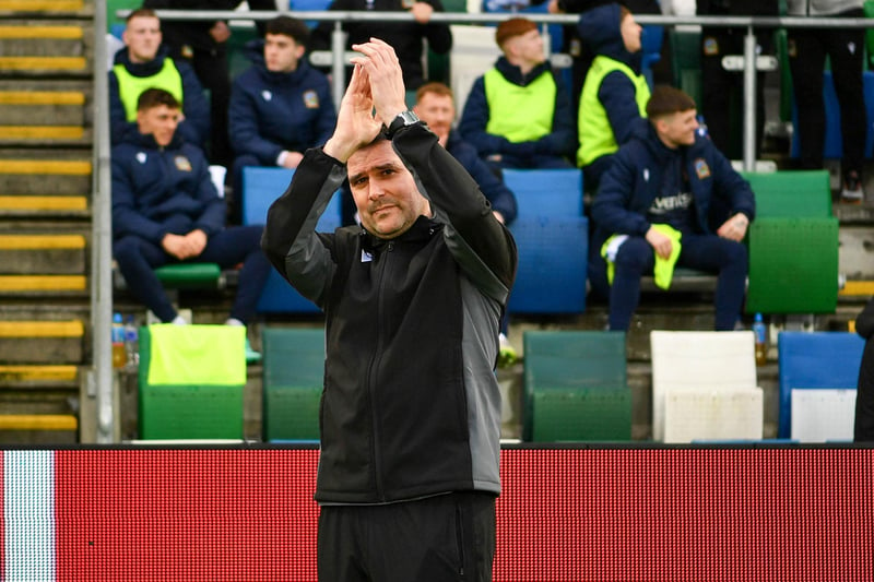 Linfield manager David Healy applauds Linfield supporters before the final