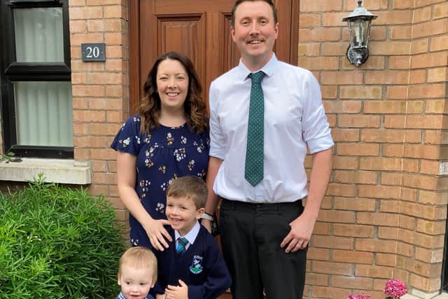 Dympna Goodall, who died in 2021 from an undiagnosed heart condition aged 34,  pictured with husband Nicky and sons Daniel and Matthew