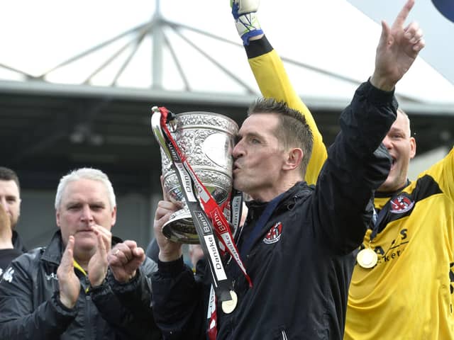 Crusaders manager Stephen Baxter celebrates winning the 2017/18 Irish League title. PIC: Stephen Hamilton/Inpho