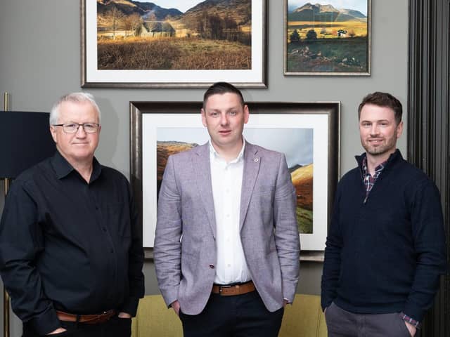 Woodland Kitchens acquires JTC Furniture in a strategic deal backed by BGF. Pictured are Gordon Linton, managing director of JTC, Connor McCloskey, CEO at Woodland NI and Chris Nixon, investor at BGF in Belfast (Photo Credit: Chris Scott Photography, Dundee)