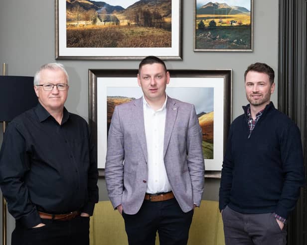 Woodland Kitchens acquires JTC Furniture in a strategic deal backed by BGF. Pictured are Gordon Linton, managing director of JTC, Connor McCloskey, CEO at Woodland NI and Chris Nixon, investor at BGF in Belfast (Photo Credit: Chris Scott Photography, Dundee)