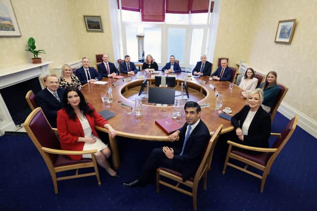 Prime Minister Rishi Sunak and Northern Ireland Secretary Chris Heaton-Harris meeting First Minister Michelle O'Neill, Deputy First Minister Emma Little-Pengelly, and members of the newly-formed Stormont Executive at Stormont Castle, Belfast, on Monday