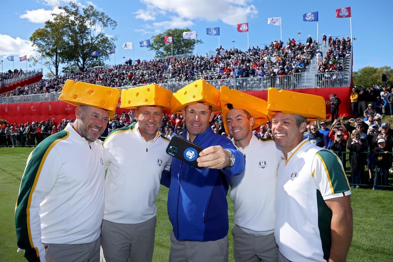 Rory McIlroy having fun with, from left, Lee Westwood, Ian Poulter, Padraig Harrington and Paul Casey. (Photo by Andrew Redington/Getty Images)
