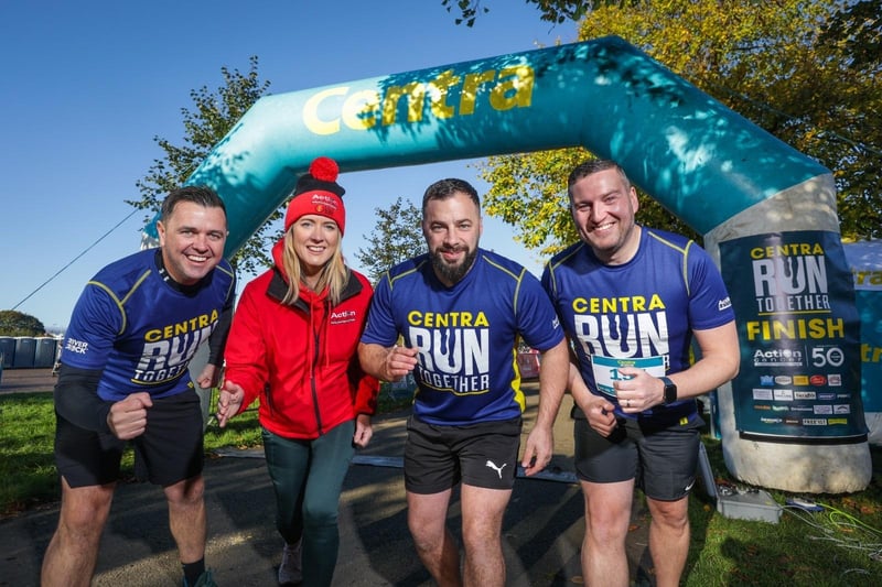 Centra brand ambassador Pete Snodden, Action Cancer corporate fundraising manager Lucy McCusker, fitness trainer Bubba and Centra Director of Marketing Desi Derby at the start line of Centra Run Together