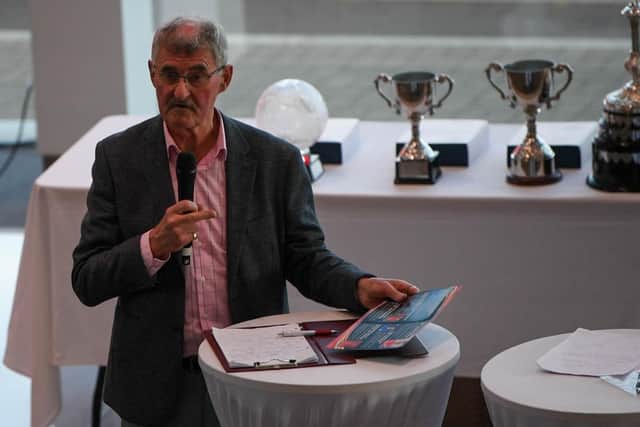 ​Former Irish League goalkeeper Bobby Carlisle as host of the 'Ulster Footballer of the Year' awards in 2024. (Photo by Andrew McCarroll/Pacemaker Press)