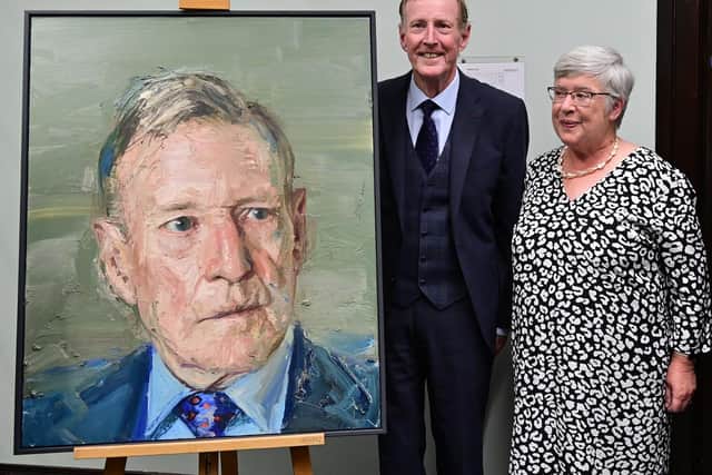 David and Daphne Trimble at the unveiling of his portrait by Colin Davidson at Queen's University in June, 2022