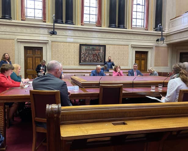 The former MEPs Diane Dodds and Naomi Long in the senate chamber in Parliament Buildings, Stormont for a visit of the European Parliament's Committee on  Foreign Affairs on Monday September 18 2023