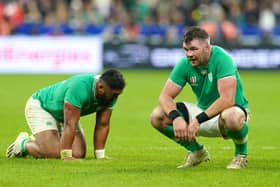 Ireland's Bundee Aki (left) and Peter O'Mahony after the final whistle in Paris. (Photo by Gareth Fuller/PA Wire)