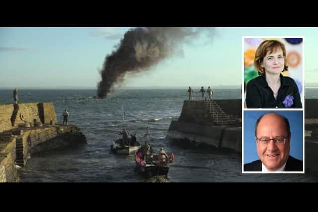 An image from the Netflix series The Crown, recreating the bombing of the boat which killed Lord Mountbatten and three others.

Right top, Dr Siobhan McElduff of the University of British Columbia who declared herself 'delighted' to be able to say that she heard the explosion, and below, Michael Korenberg, a former governor of the university who quit after liking tweets favourable to Donald Trump