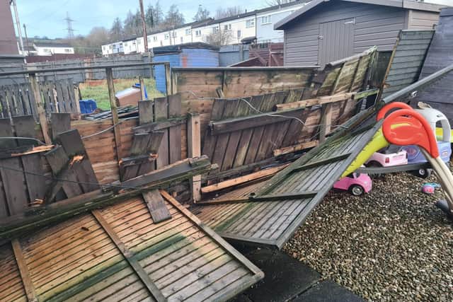 Damage caused by Storm Darragh in the back garden of a house in the Lenadoon area of west Belfast following high winds on 7 December 2024. Photo: PA