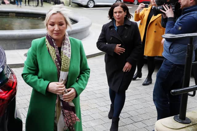 Sinn Fein’s Deputy leader Michelle O’Neill and party president Mary Lou McDonald arrive at Belfast City Hall where they spoke to the media.