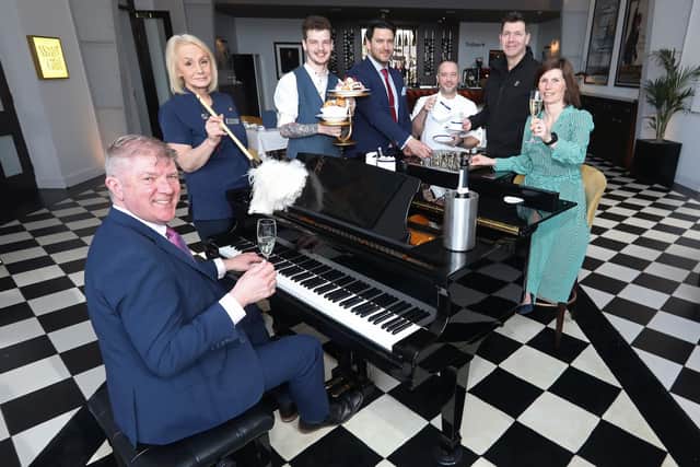 Staff of Titanic Hotel Belfast are in seventh heaven with the news that the hotel has been awarded Northern Ireland’s Leading Hotel at the World Travel Awards for the seventh consecutive year. Pictured celebrating with Adrian McNally, general manager, are Dorota Niedziewiez, room attendant, Justin Stewart, bartender, Matthew Poole, deputy general manager, Seamus Christie, Sous chef, Chris Flanagan, maintenance manager and Yvonne McIlree, director of sales and marketing