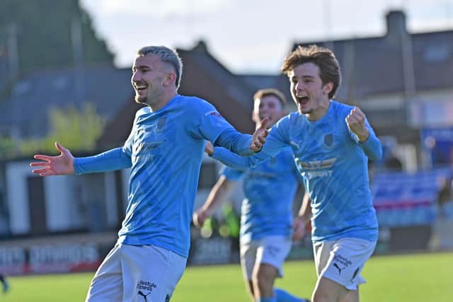 Ballymena United ace Alexander Gawne celebrates scoring against his former club at The Showgrounds