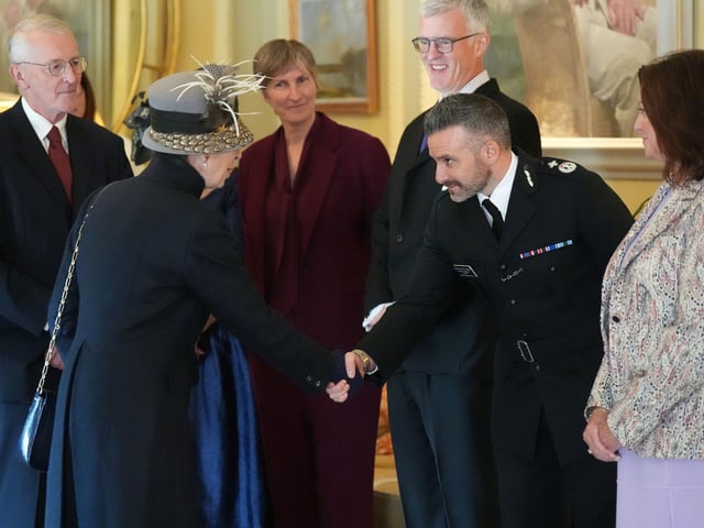 The Princess Royal meets PSNI Deputy Chief Constable Bobby Singleton as she attends the annual garden party at Hillsborough Castle during her visit to Northern Ireland. Picture date: Wednesday September 10, 2025. PA Photo. Photo credit should read: Niall Carson/PA Wire