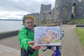 Timmy Mallett in Carrickfergus with his painting of the castle