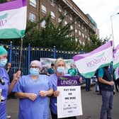 Unison members taking part in a protest outside the Royal Victoria Hospital in Belfast in August. PA Photo. Photo by Niall Carson/PA Wire