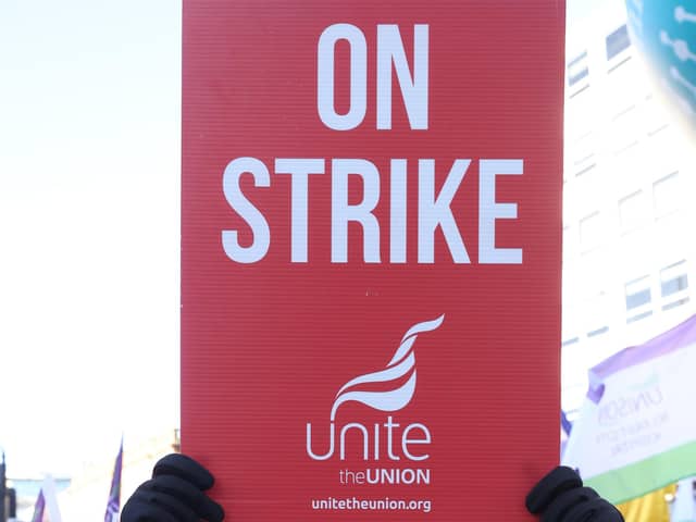 A Unite member taking part in the strike at Belfast City Hall on 18 January. Photo: Liam McBurney/PA Wire