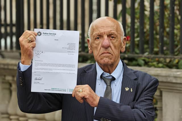 EDITORS NOTE IMAGE BLURRED BY PA PICTURE DESK
Kevin Hannaway , one of the 14 Hooded men, in Belfast, holding a letter from Police in Northern Ireland who have issued an apology to the group who were subjected to controversial interrogation techniques in the 1970s