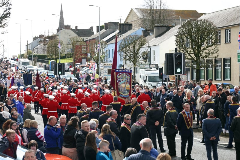 PACEMAKER, BELFAST, 10/4/2023: 
Crowds thronged the streets of Cookstown for the Apprentice Boys' South Derry and East Tyrone Amalgamated Committee commemoration of the 334th anniversary of the start of the Siege of Londonderry on Easter Monday.
Thousands of marchers and over 40 bands took part in the parade through the Co. Tyrone town.
PICTURE BY STEPHEN DAVISON
