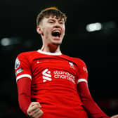 Liverpool's Conor Bradley celebrates after assisting their side's third goal of the game scored by Dominik Szoboszlai during the Premier League match at Anfield, Liverpool. PIC: Peter Byrne/PA Wire.