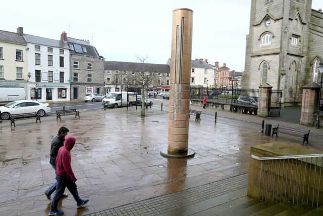 A memorial to the Monaghan bombings is pictured in the town centre of the Irish border town of Monaghan on March 5, 2019