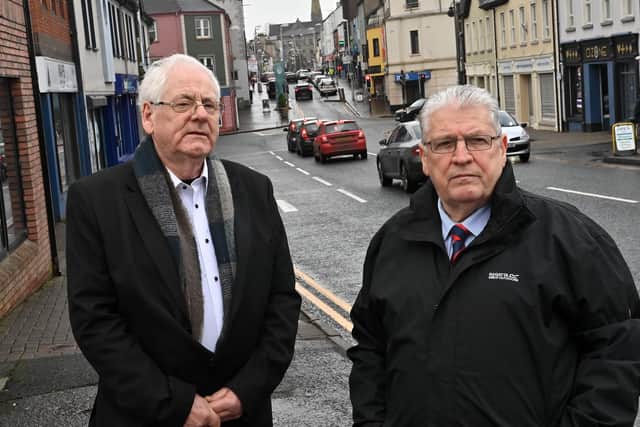 Omagh bomb campaigners Michael Gallagher (left) and Stanley McCombe on Campsie Street, Omagh, close to the site of the 1998 bombing. Mr Gallagher says the Taoiseach ignored a request to meet the Omagh families last year and said the Irish government is "running from their responsibilities" on the atrocity.