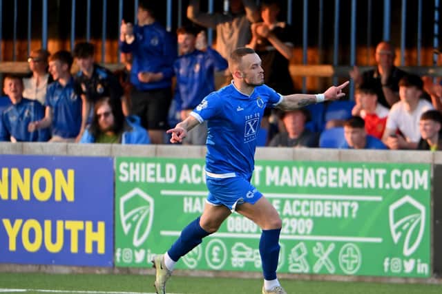 Michael O'Connor celebrates after scoring for Dungannon Swifts in their 2-0 Premiership promotion/relegation play-off victory against Annagh United. PIC: Stephen Hamilton/Inpho