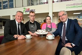 Economy Minister Conor Murphy is pictured with chief executive of Social Enterprise NI, Colin Jess and IncredABLE staff Jordan Wilson and Kelly Sands