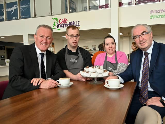 Economy Minister Conor Murphy is pictured with chief executive of Social Enterprise NI, Colin Jess and IncredABLE staff Jordan Wilson and Kelly Sands