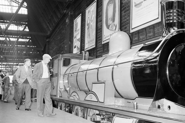 Highland Railway Locomotive no 102, otherwise known as 'Jones-Goods', on show at Princes Street Station in August 1959.