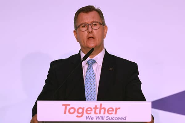 DUP leader Sir Jeffrey Donaldson delivers his keynote speech during his party's annual conference at the Crowne Plaza Hotel in Belfast. Picture date: Saturday October 14, 2023. PA Photo. Photo: Liam McBurney/PA Wire