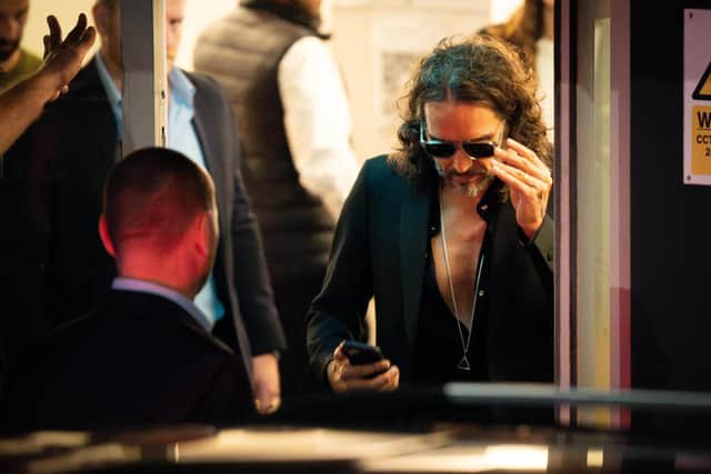 Russell Brand leaves the Troubabour Wembley Park theatre in north-west London after performing a comedy set. He faces claims about his sexual behaviour at the height of his fame. He has vehemently denied the allegations. Photo: James Manning/PA Wire