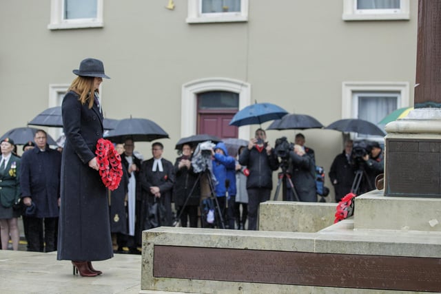 Head of the Northern Ireland Civil Service Jayne Brady during the Remembrance Sunday service at the Cenotaph in Enniskillen. Picture date: Sunday November 12, 2023.