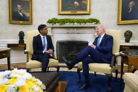 Prime Minister Rishi Sunak (left) attending a bilateral meeting with US President Joe Biden in the White House, during his visit to Washington DC last month. The two leaders will meet again when Mr Biden arrives in the UK this Sunday. Buckingham Palace confirmed King Charles will meet the president at Windsor Castle on Monday