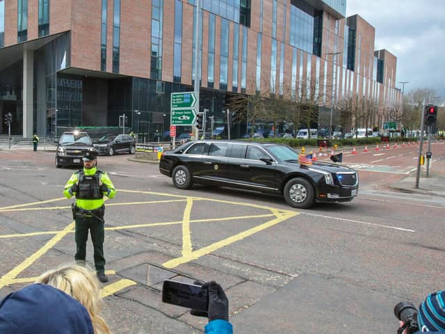 The motorcade of US President Joe Biden, led by The Beast, is driven away from Ulster University in Belfast