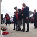 D-Day veteran Ken Hay, with Alexander Churchill (right), great-great-grandson of Sir Winston, laying a wreath during  a ceremony at the British Normandy Memorial in Ver-sur-Mer, France, to mark the 82nd anniversary of the D-Day landings