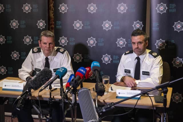 PSNI ACC Chris Todd (left) and ACC Bobby Singleton at the briefing in the Stormont Hotel in Belfast yesterday