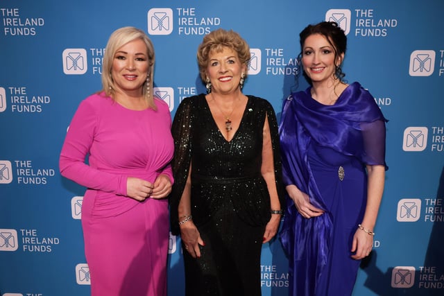 First Minister Michelle O’Neill and deputy First Minister Emma Little-Pengelly pictured at the Ireland Funds 32nd National Gala event in the National Building Museum, Washington DC.They are pictured with Ambassador Geraldine Byrne Nason, Ireland's 19th Ambassador to the United States.