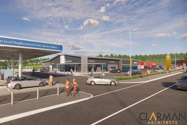 Northern Ireland car dealer, TC Autos is planning a £2.5million retail development at its Omagh site creating over 60 jobs. Subject to planning approval, the project at Killyclogher Road will involve renovating and expanding a section of the existing main building to include a supermarket, fuel forecourt, road services area and electric vehicle charging park. Pictured is a CGI by Clarman Architects