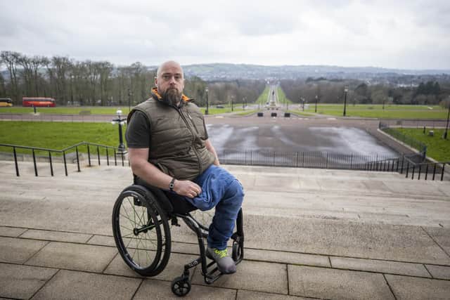 Peadar Heffron outside Parliament Buildings at Stormont after speaking during an event commemorating European Day of Remembrance of Victims of Terrorism. The former police officer was severely injured when dissident republicans blew up his car in 2010. Mr Heffron expressed concern that policing is "broken" in Northern Ireland and said communities on all sides needed to do more to make it work. Picture date: Monday March 11, 2024. PA Photo. See PA story ULSTER Victims. Photo credit should read: Liam McBurney/PA Wire