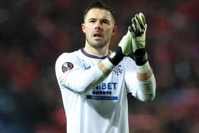 Jack Butland of Rangers is seen at full time during the UEFA Europa League 2023/24 round of 16 second leg match against and SL Benfica at Ibrox Stadium