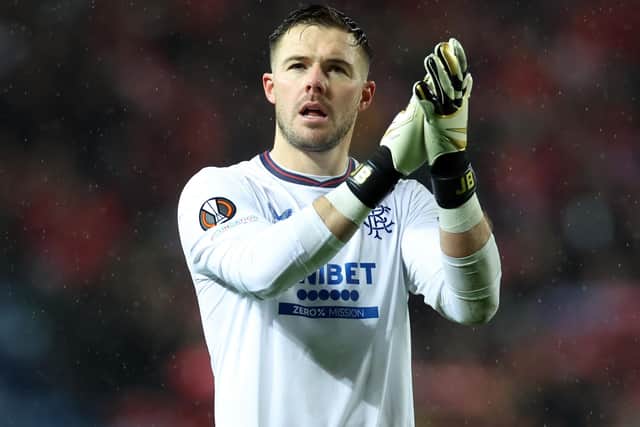 Jack Butland of Rangers is seen at full time during the UEFA Europa League 2023/24 round of 16 second leg match against and SL Benfica at Ibrox Stadium