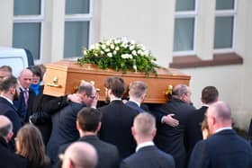 The funeral of Tom Skelton at Kilraughts Presbyterian Church, Ballymoney on Sunday 11 February. Mr Skelton was Principal of Dalriada School in Ballymoney. 
Photo: Andrew McCarroll, Pacemaker Press