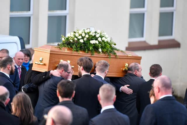 The funeral of Tom Skelton at Kilraughts Presbyterian Church, Ballymoney on Sunday 11 February. Mr Skelton was Principal of Dalriada School in Ballymoney.
Photo: Andrew McCarroll, Pacemaker Press