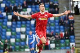 Jonny Addis celebrates after scoring Cliftonville's opening goal. PIC: Inpho/Johnny Caldwell