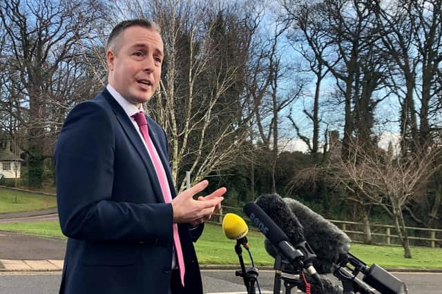 Former DUP First Minister Paul Givan talks to the media at Stormont. Picture date: Thursday January 27, 2022.